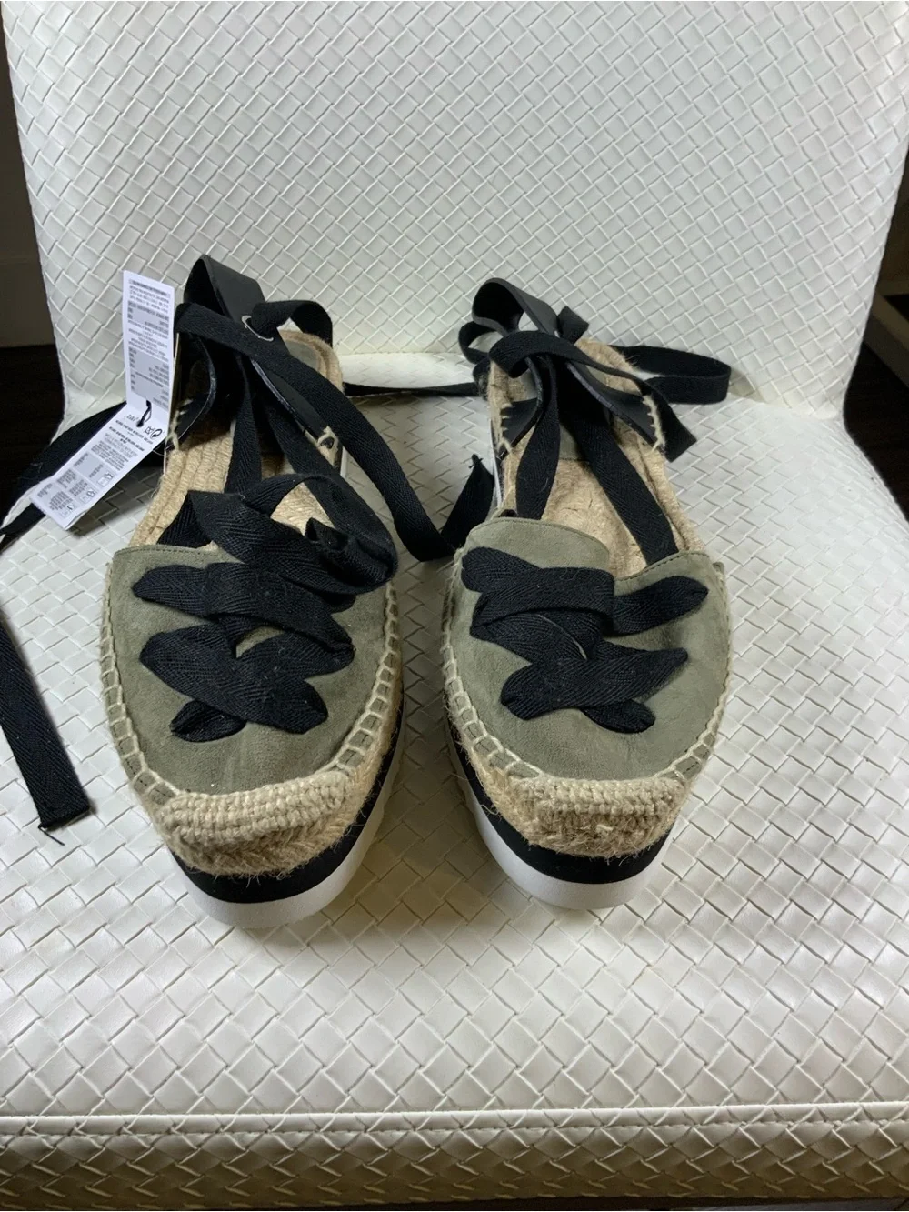 Zara Olive Espadrille Lace-Up Flats with Black Ribbons